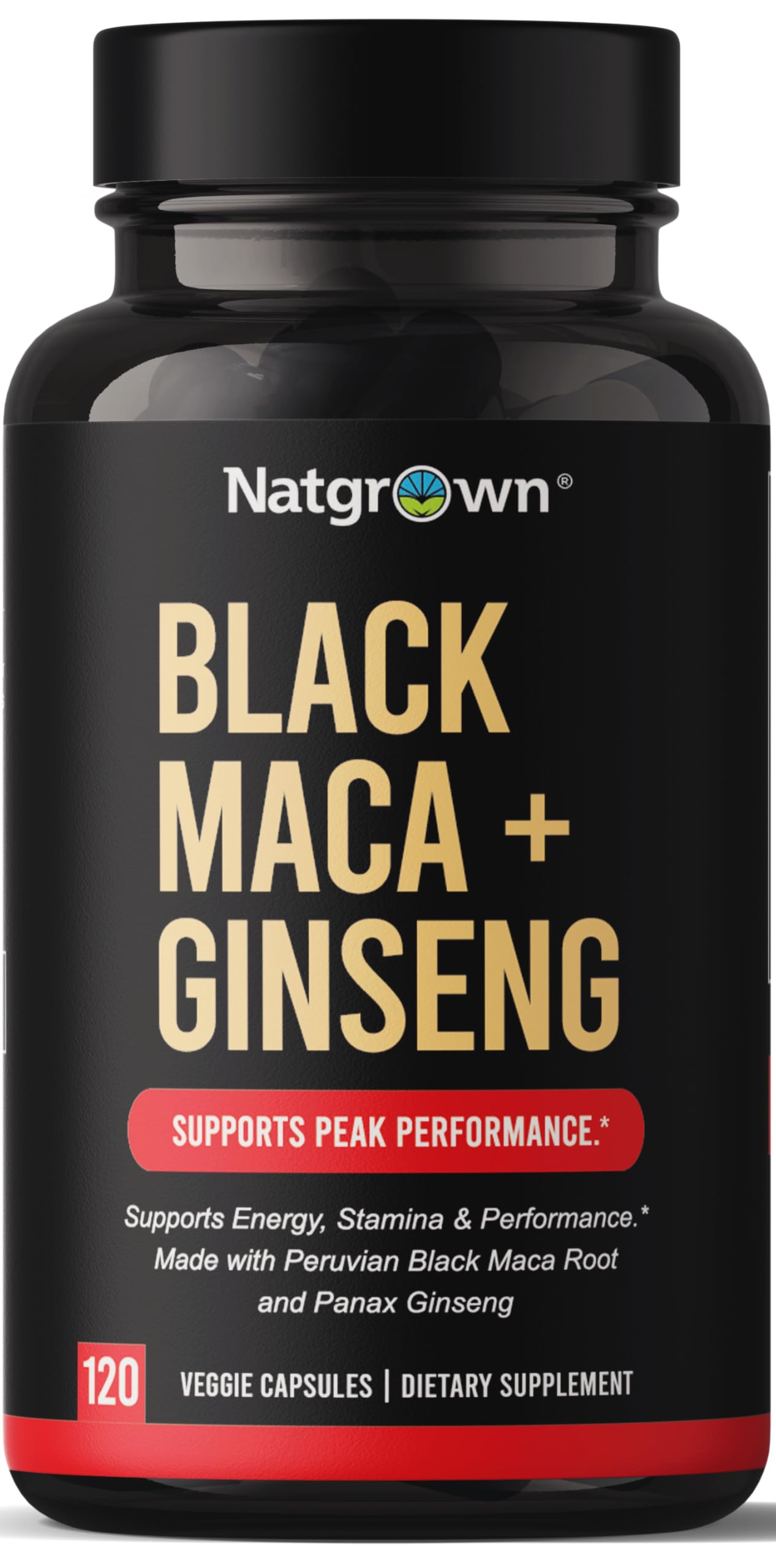 Natgrown Black Maca Root + Panax Ginseng capsules hero image showing bottle