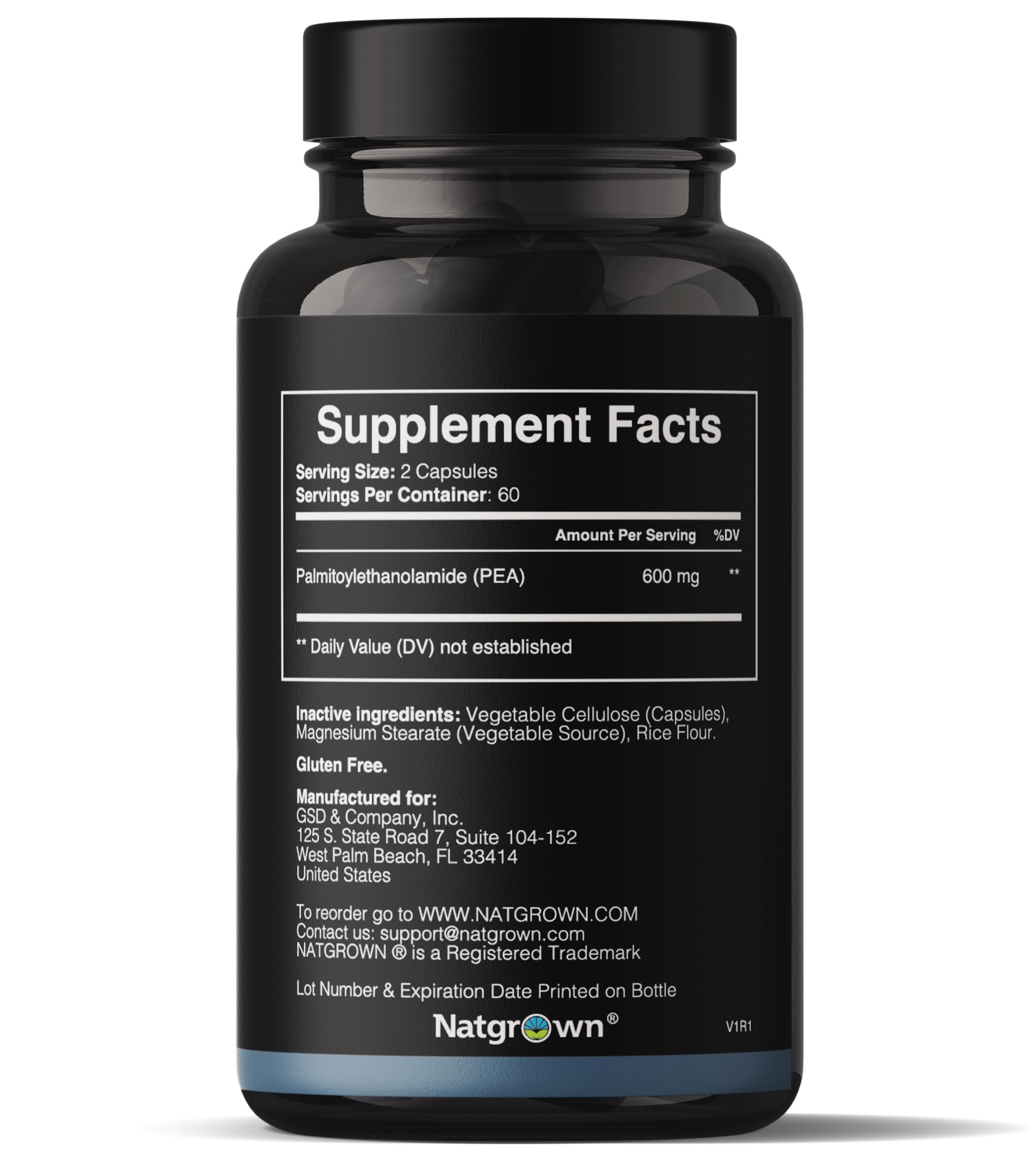 Close-up of Natgrown PEA capsules showing 600 mg