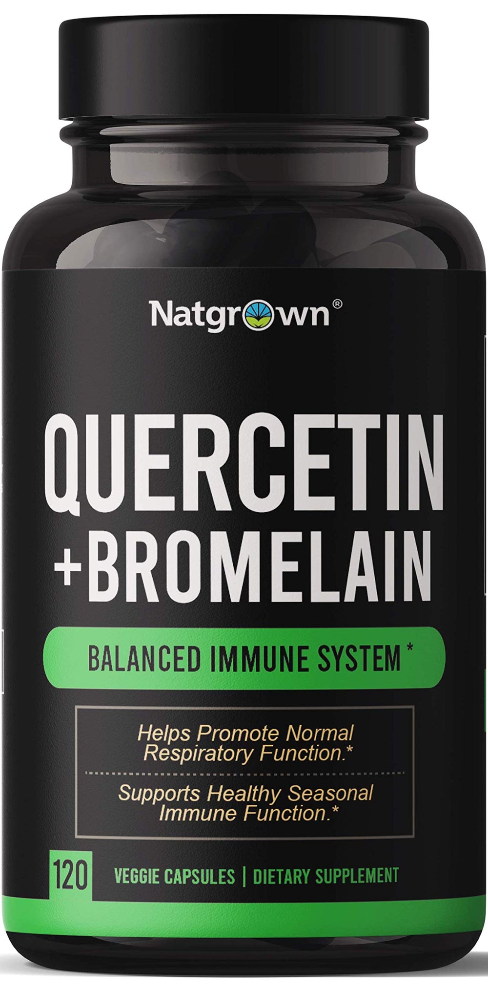 Hero shot of Natgrown Quercetin 500mg with Bromelain bottle containing 120 capsules