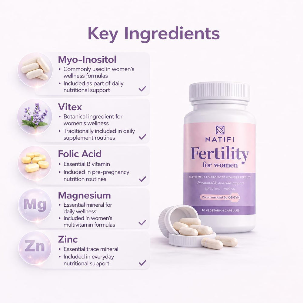 Natifi ingredients label showing myo‑inositol, folic acid and vitex benefits