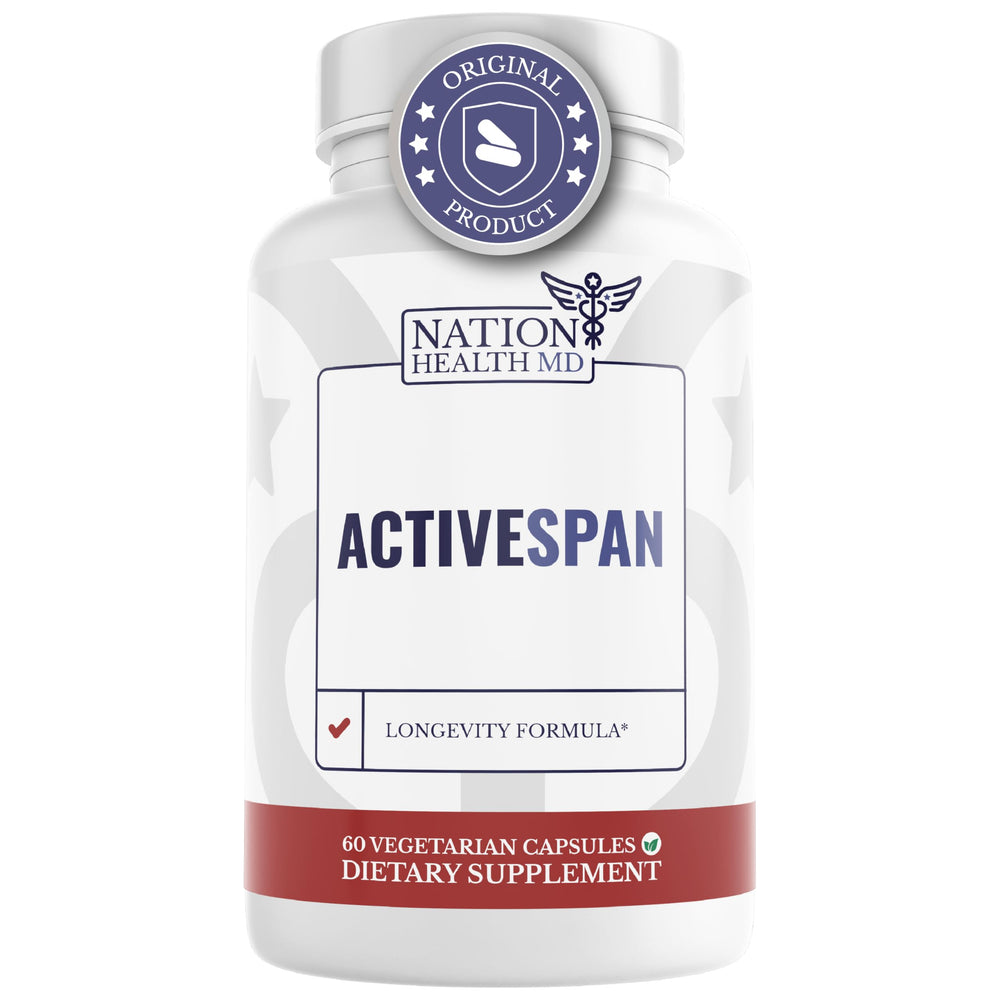 Nation Health MD ActiveSpan Longevity Formula bottle label with Ashwagandha, Cat's Claw and Astragalus