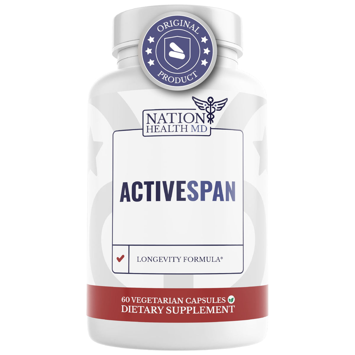 Nation Health MD ActiveSpan Longevity Formula bottle label with Ashwagandha, Cat's Claw and Astragalus