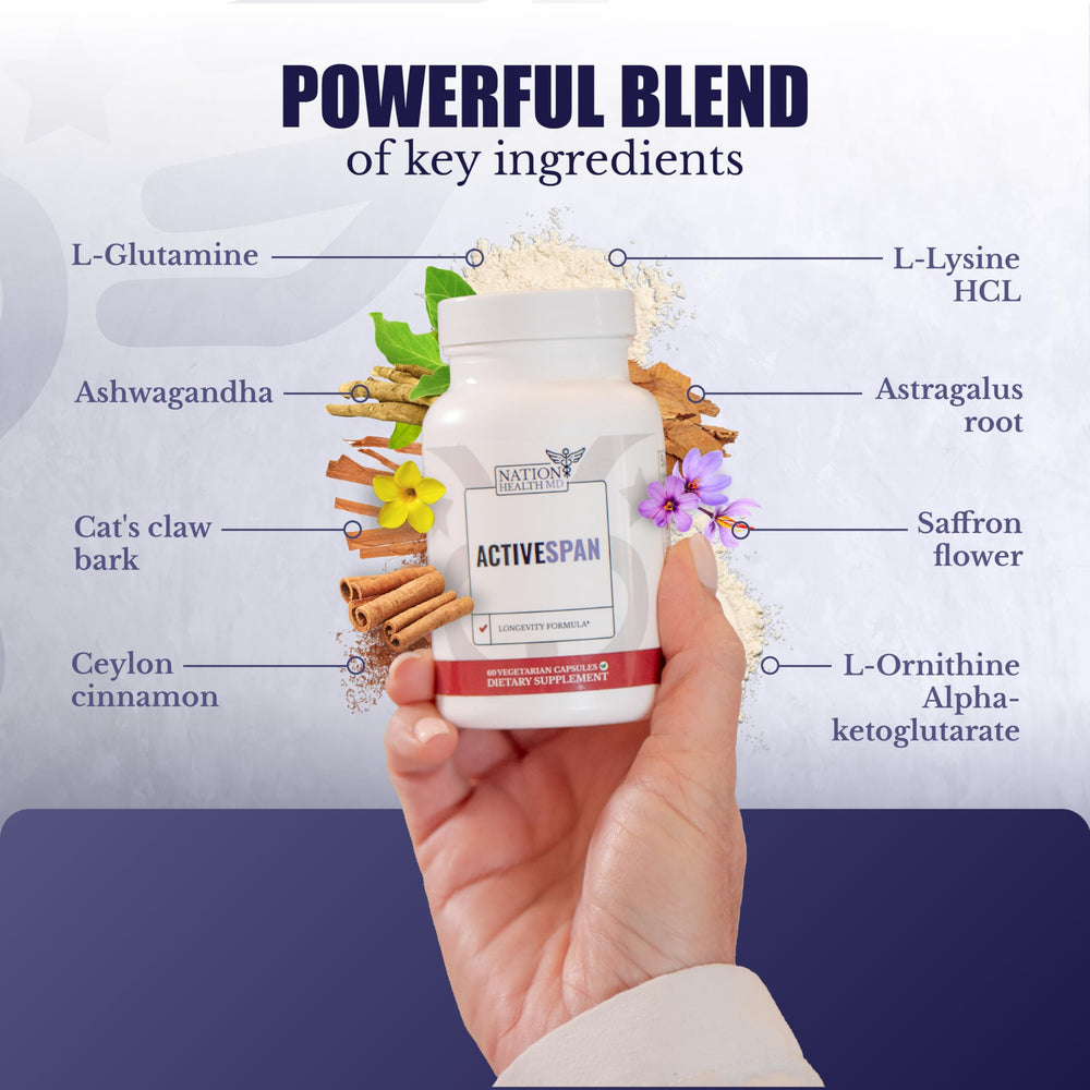 Ashwagandha root and capsules for telomere regeneration in ActiveSpan