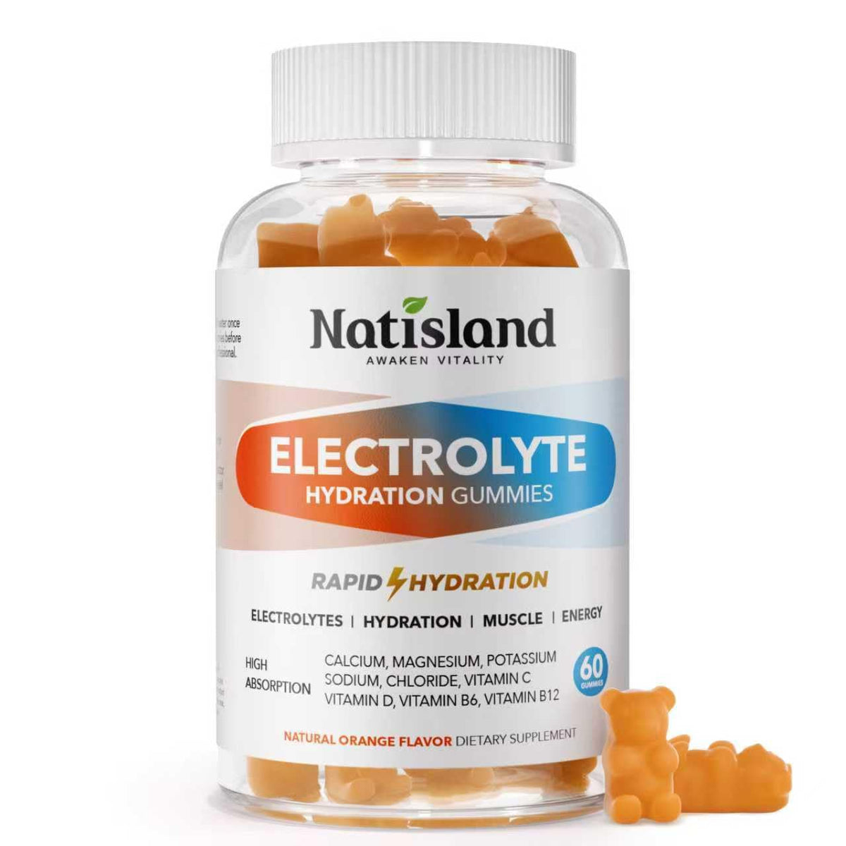 NATISLAND electrolyte gummies bottle shot, convenient hydration for daily activities.