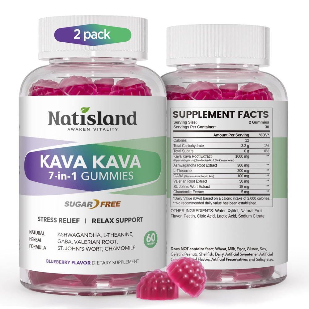 Front view of NATISLAND Kava Kava Gummies 2-piece bottle