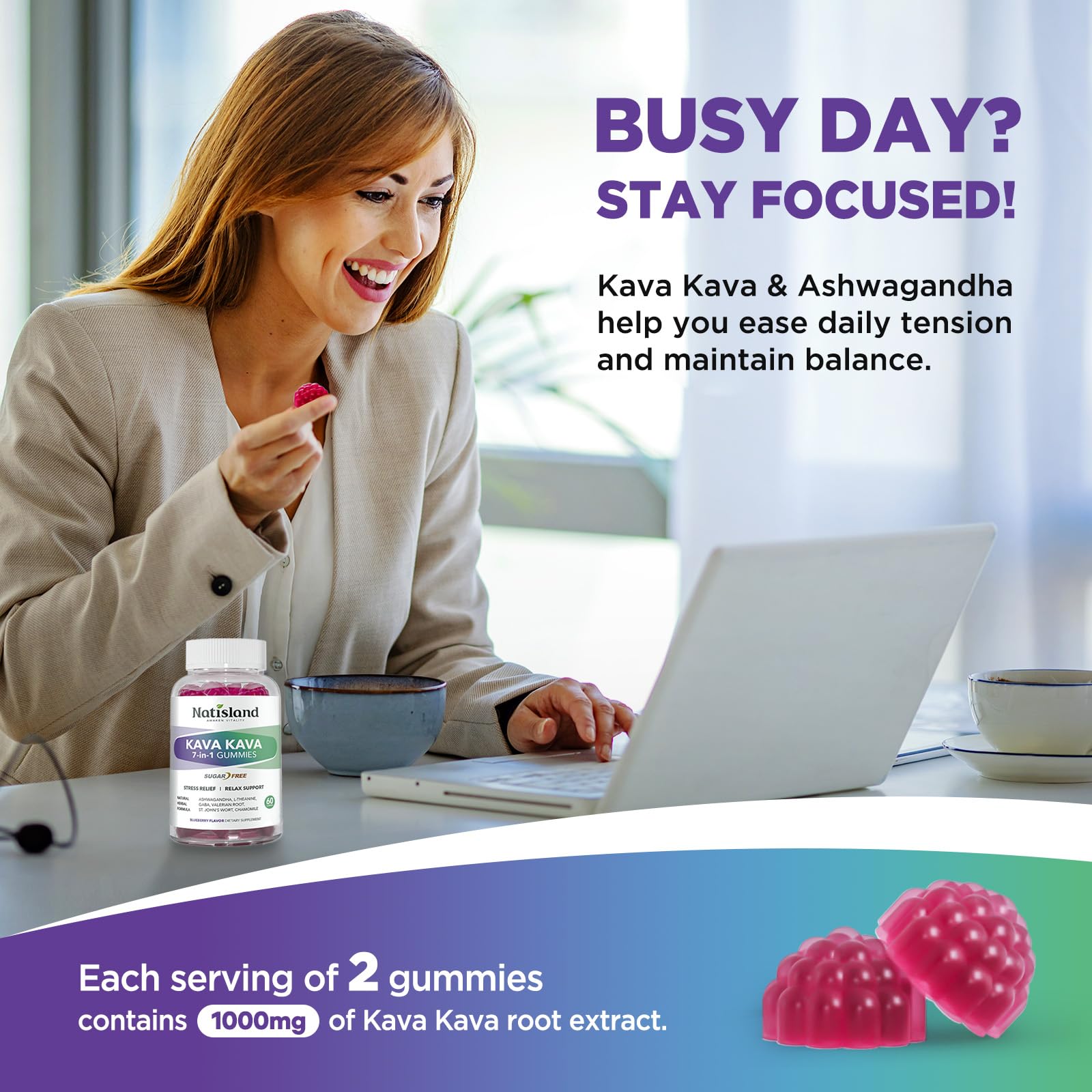 Two NATISLAND Kava Kava Gummies served for daily dosing