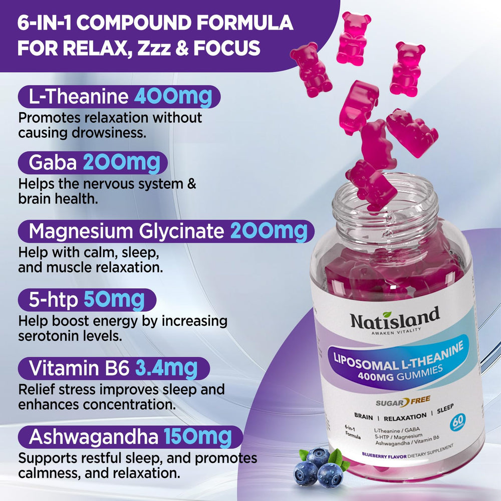 Nutrition label and ingredients on NATISLAND L-Theanine Gummies