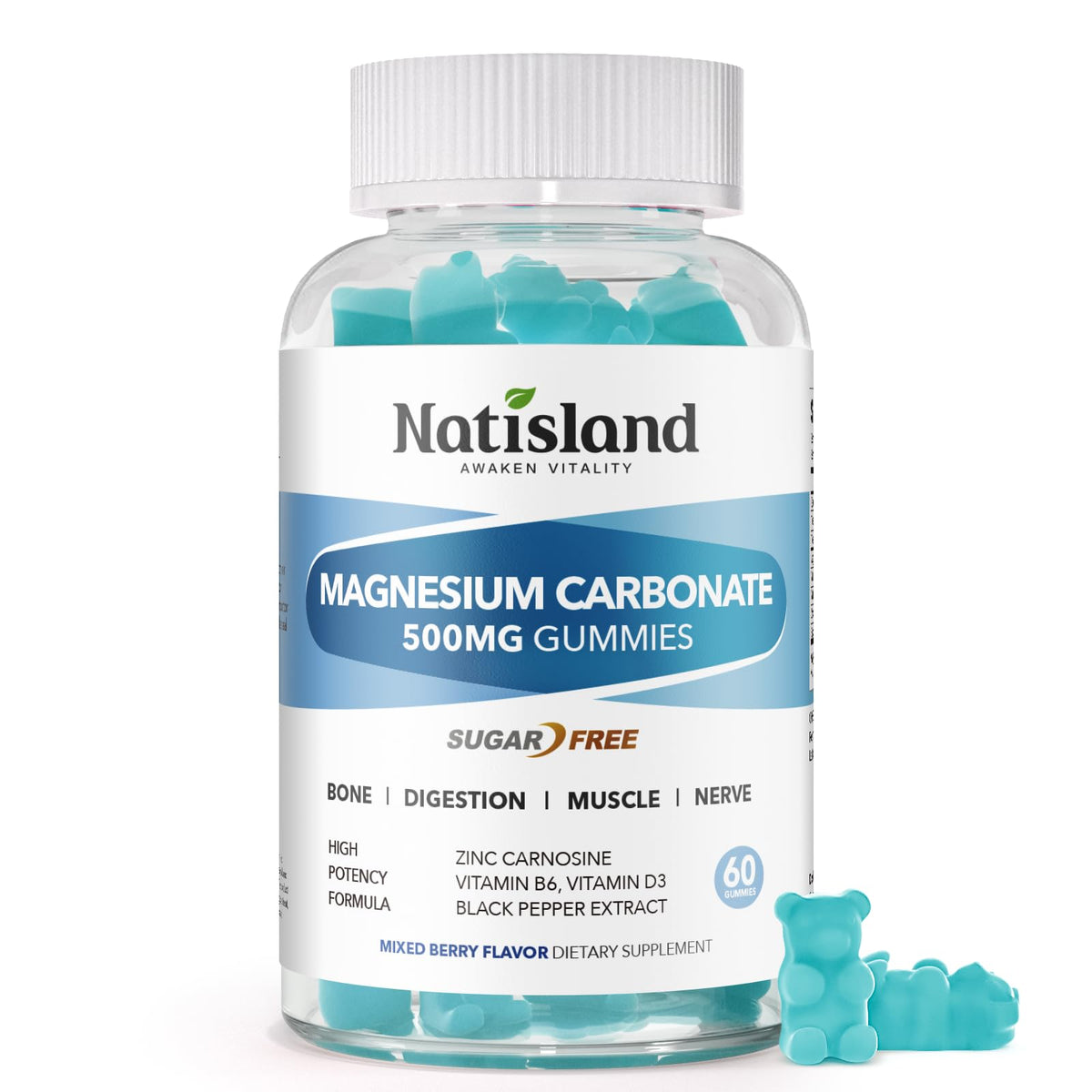 NATISLAND Magnesium Carbonate Gummies front label with 60-count package