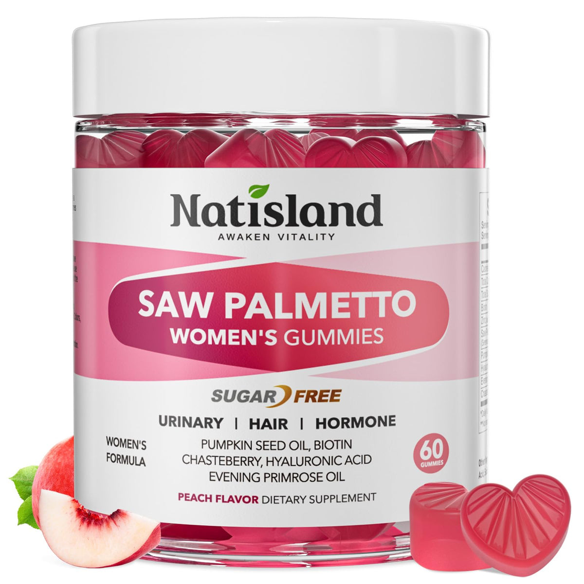 NATISLAND Saw Palmetto Women Gummies – Peach flavor, 60 count
