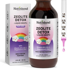 NATISLAND Zeolite Detox kids 200mg bottle with blueberry flavor