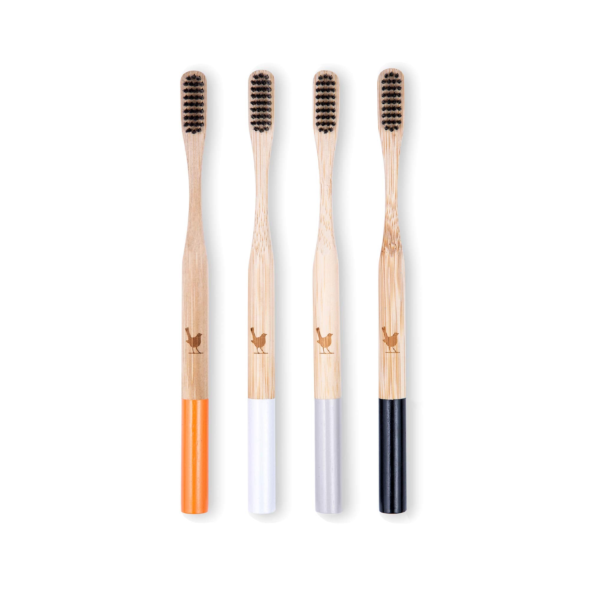 Native Birds Bamboo Toothbrush Set of 4 with extra soft charcoal-infused bristles