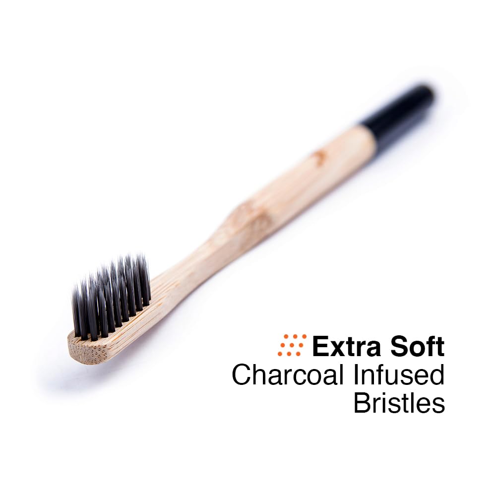 Close-up of charcoal-infused bristles on Native Birds toothbrush