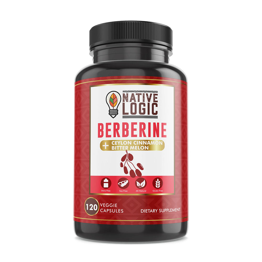 Bottle of Native Logic Berberine HCL 1200mg with Cinnamon, Bitter Melon and Green Tea Extract capsules