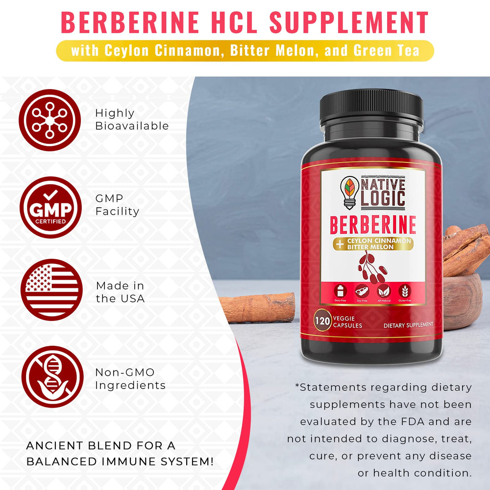 Close-up of Berberine HCL 1200mg capsules featuring cinnamon, bitter melon and green tea ingredients