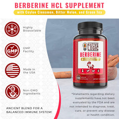 Close-up of Berberine HCL 1200mg capsules featuring cinnamon, bitter melon and green tea ingredients