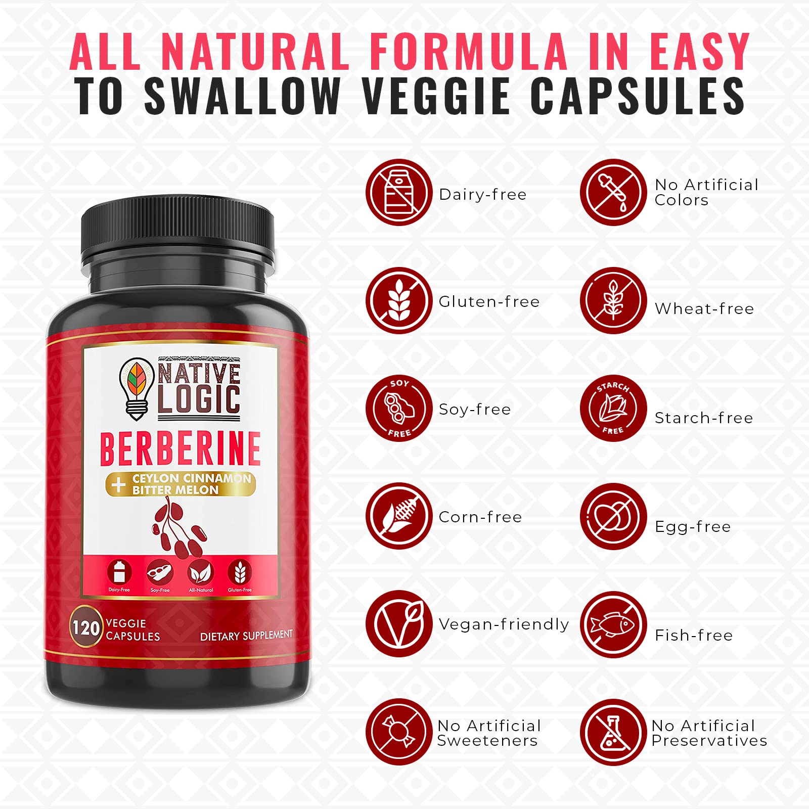 Dietary supplement bottle labeled Berberine HCL 1200mg with Cinnamon, Bitter Melon and Green Tea