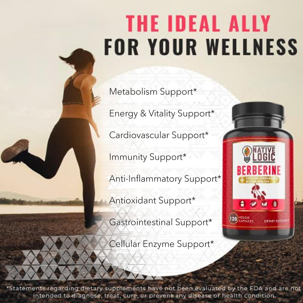 Back of bottle showing 120 capsules in Native Logic Berberine HCL blend