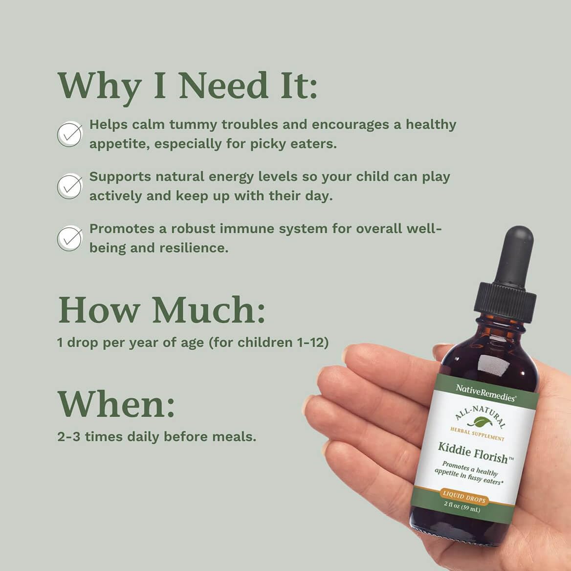 Native Remedies Kiddie Florish ingredients label shows pure herbal blend.