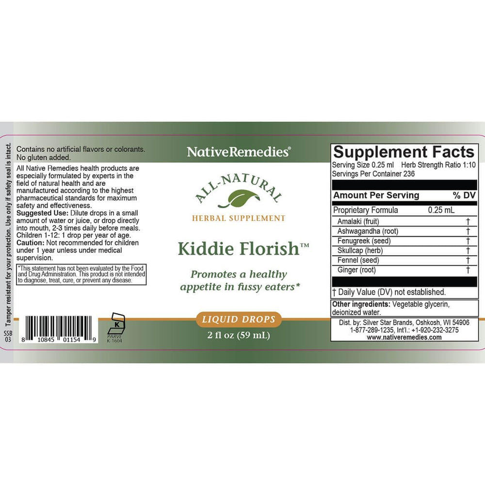 Native Remedies Kiddie Florish bottle beside meal-ready foods hints routine appetite support.