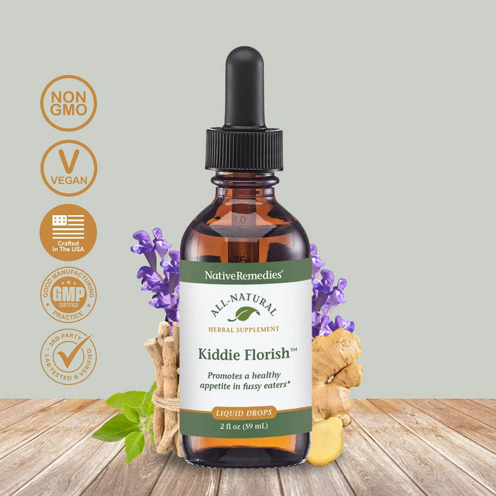 Native Remedies Kiddie Florish tincture pour demonstrates easy pre-meal dosing.