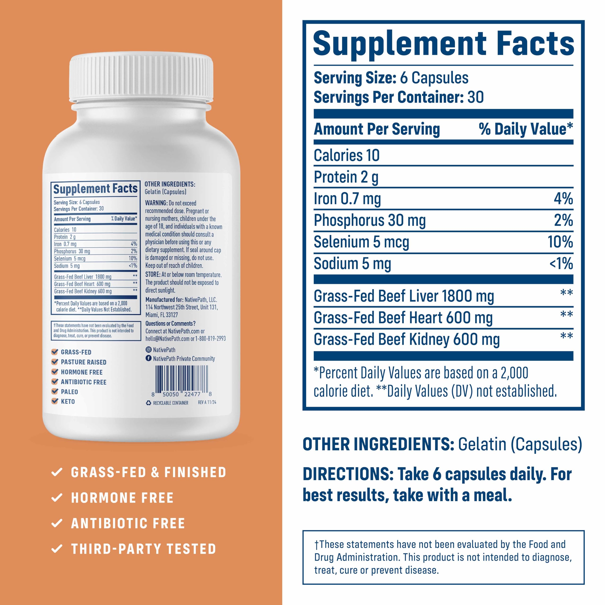 Front label highlighting grass-fed beef organs and New Zealand sourcing