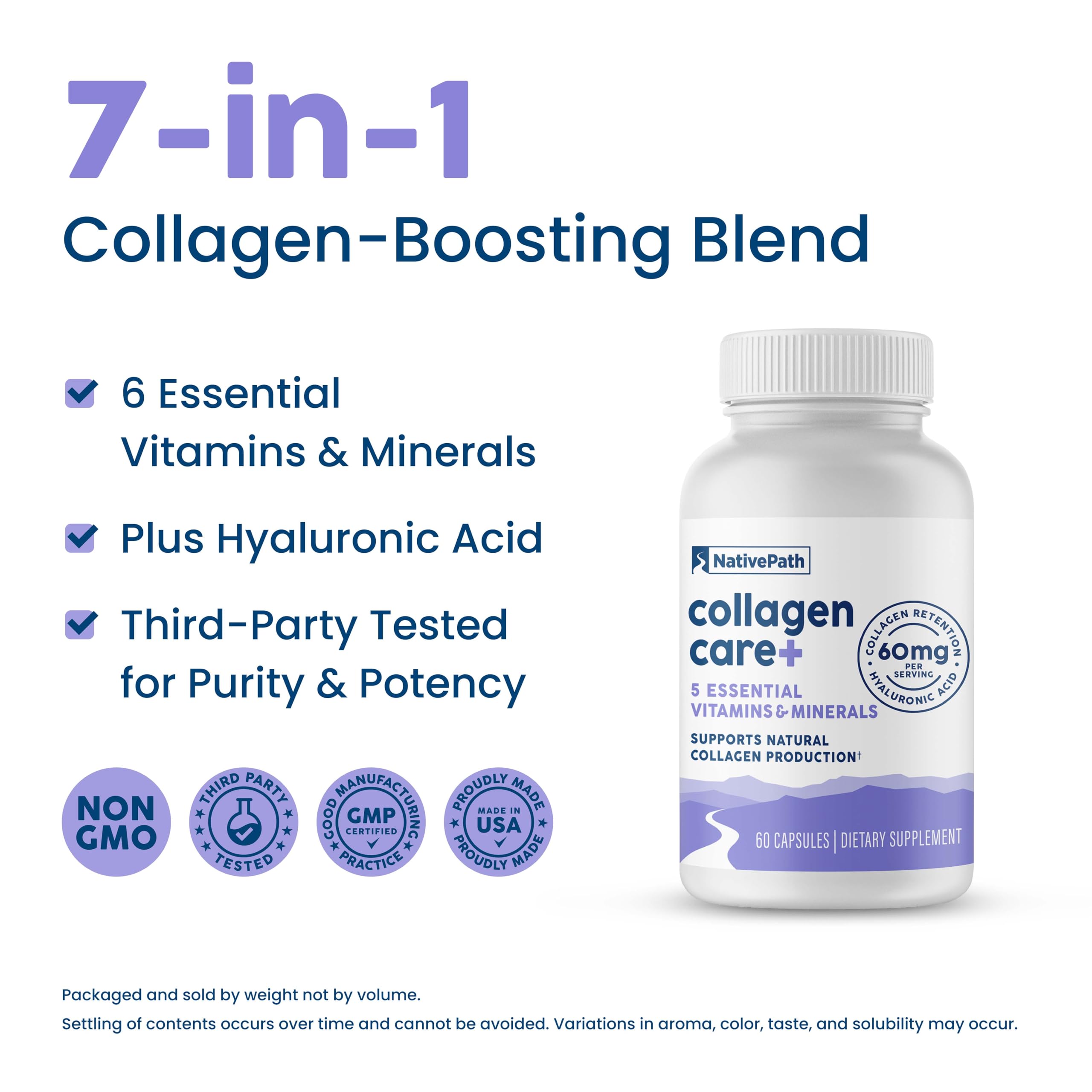 Illustration of ingredients: hyaluronic acid, boron, vitamins A, C, and Biotin