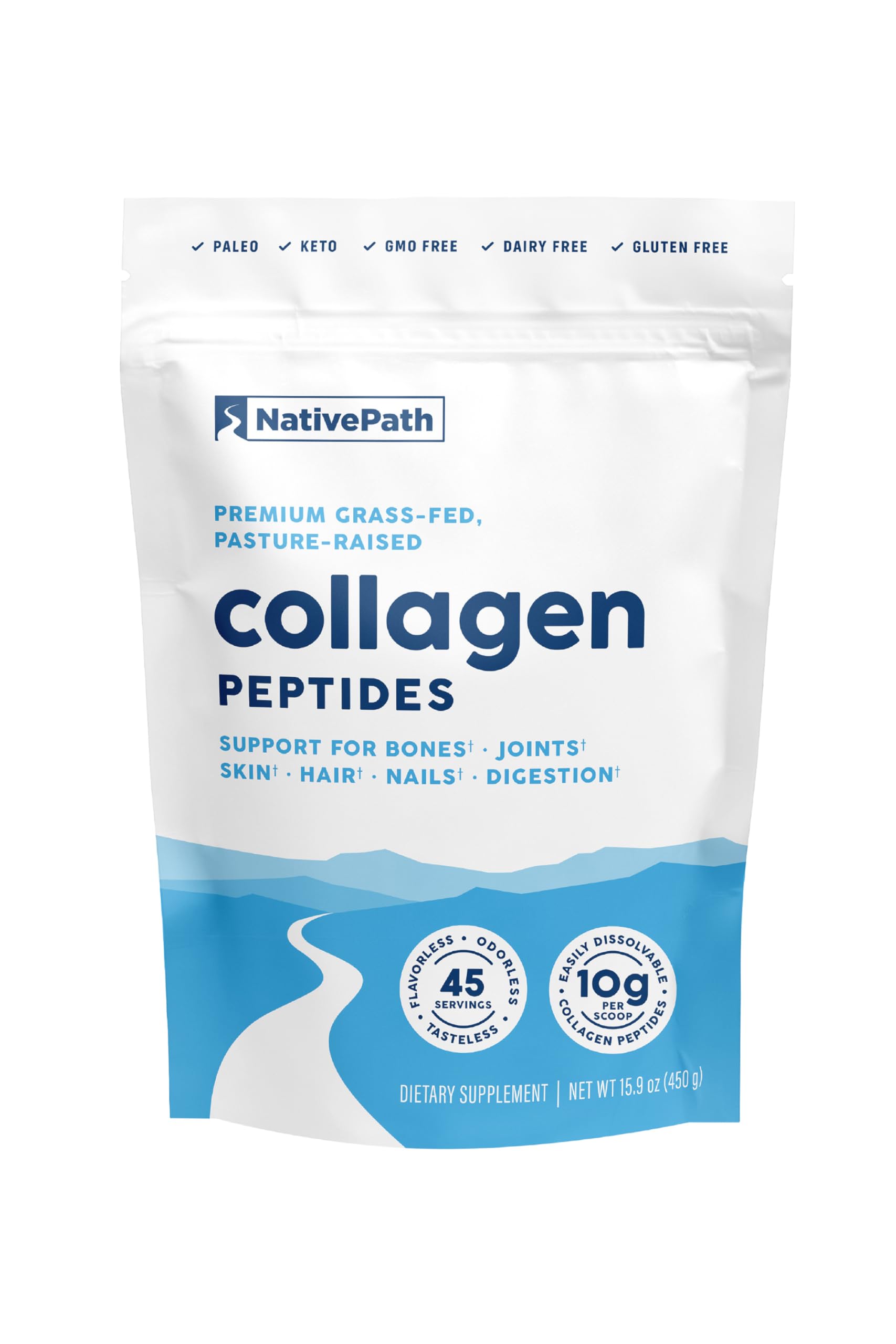 NativePath Collagen Peptides bottle with scoop on wooden surface