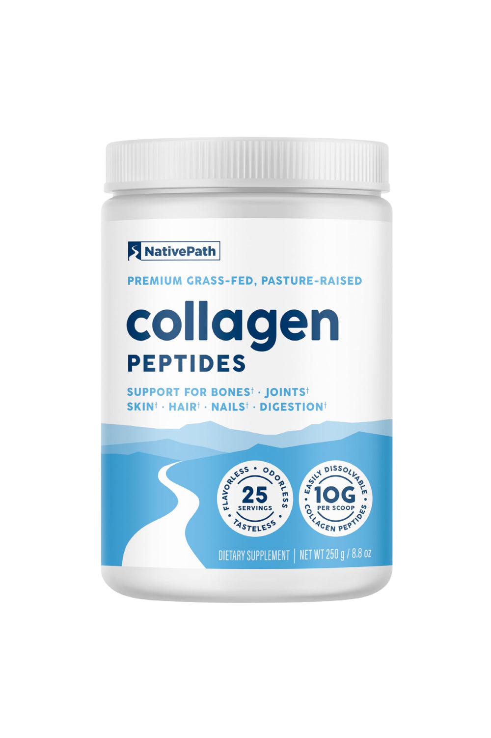 NativePath Collagen Peptides tub front shows premium, highly digestible formula for daily beauty support.