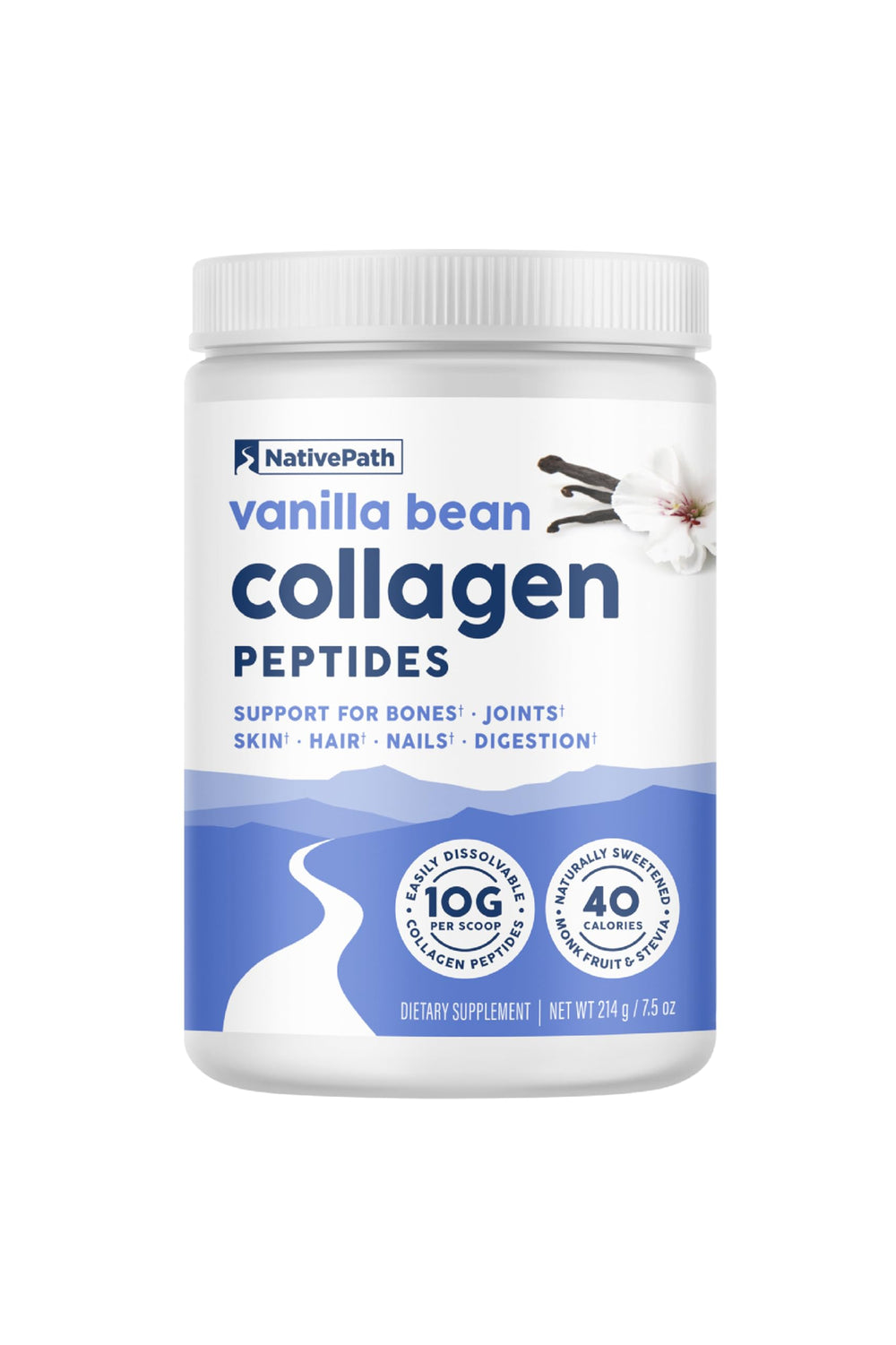 Front view of NativePath Collagen Peptides Vanilla Bean 214g container showing label