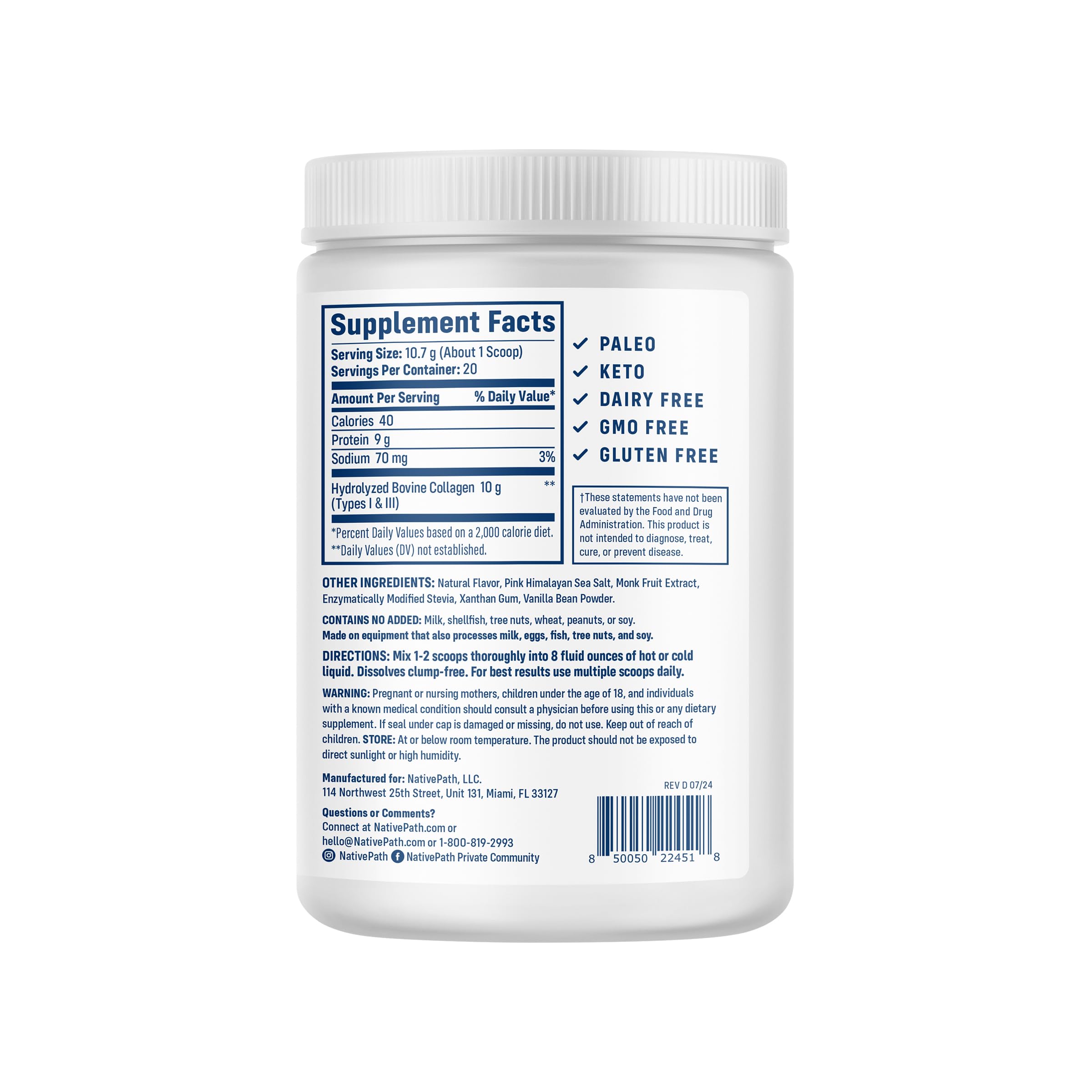 Packaging and contents of NativePath Collagen Peptides Vanilla Bean 214g