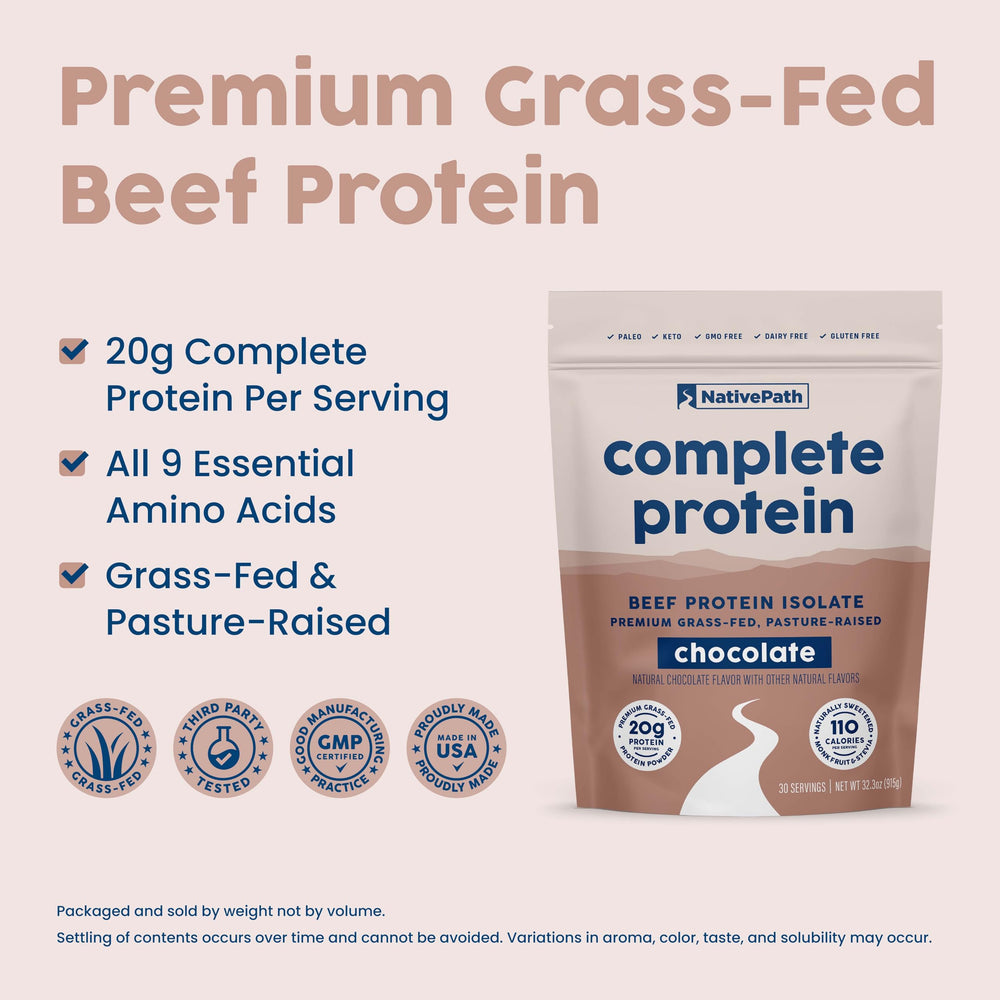 NativePath Complete Beef Protein Powder shake glass demonstrates keto-friendly, low-carb protein boost.