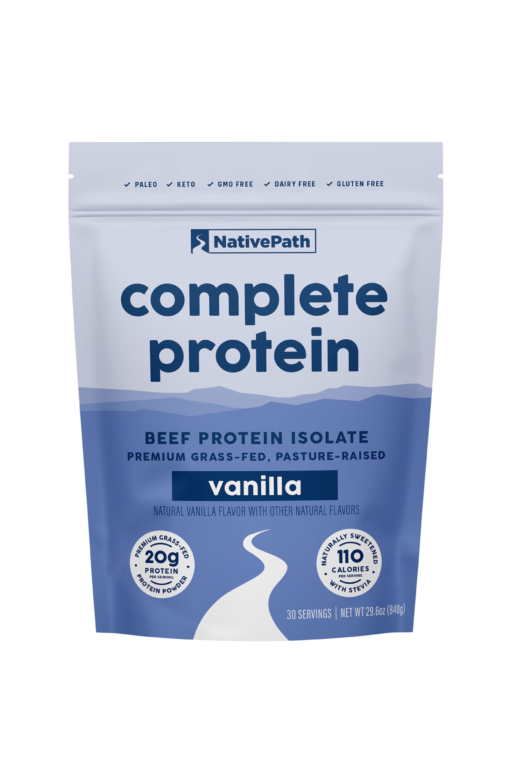 NativePath Complete Beef Protein Powder Vanilla tub for post-workout recovery and clean nutrition.