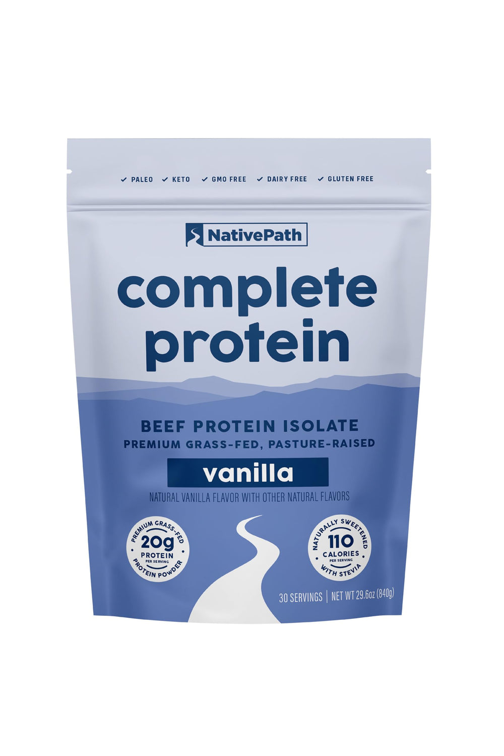 NativePath Complete Beef Protein Powder Vanilla tub for post-workout recovery and clean nutrition.