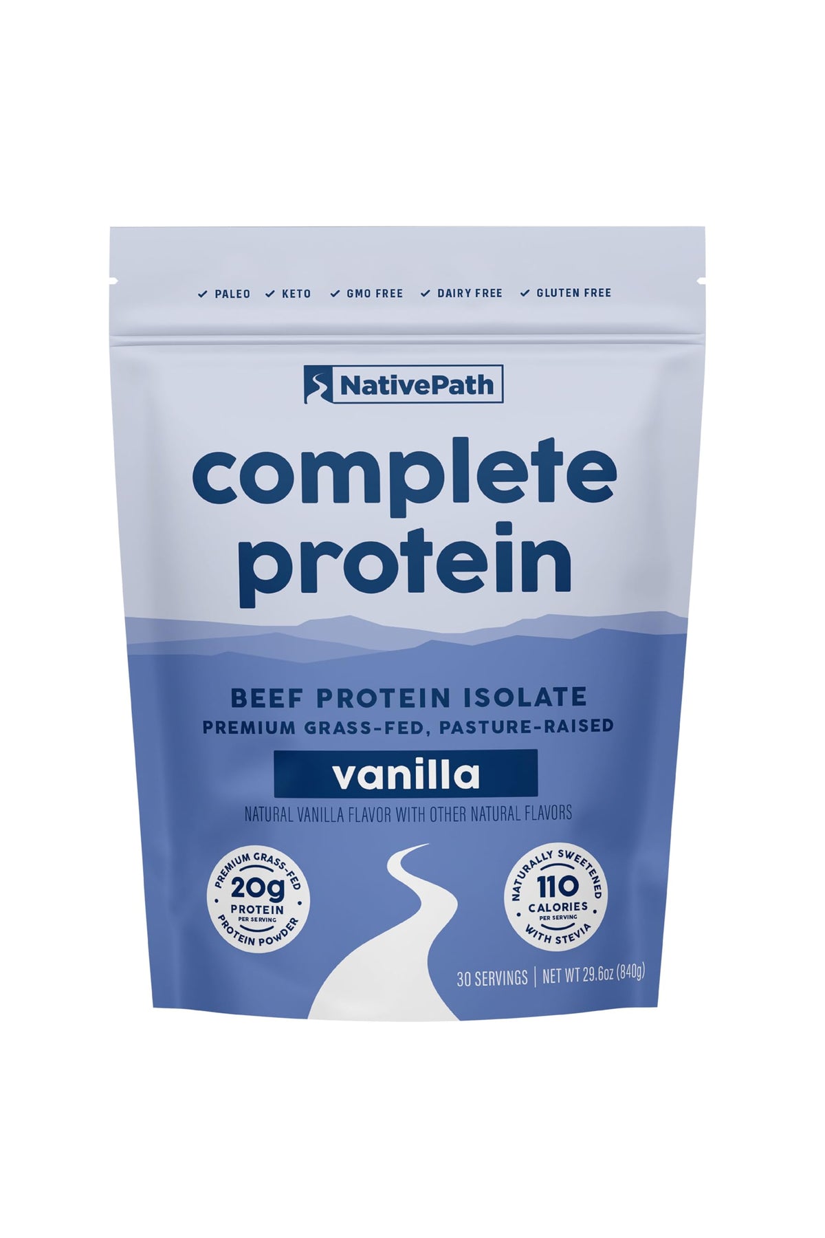NativePath Complete Beef Protein Powder Vanilla tub for post-workout recovery and clean nutrition.