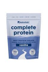 NativePath Complete Beef Protein Powder Vanilla tub for post-workout recovery and clean nutrition.