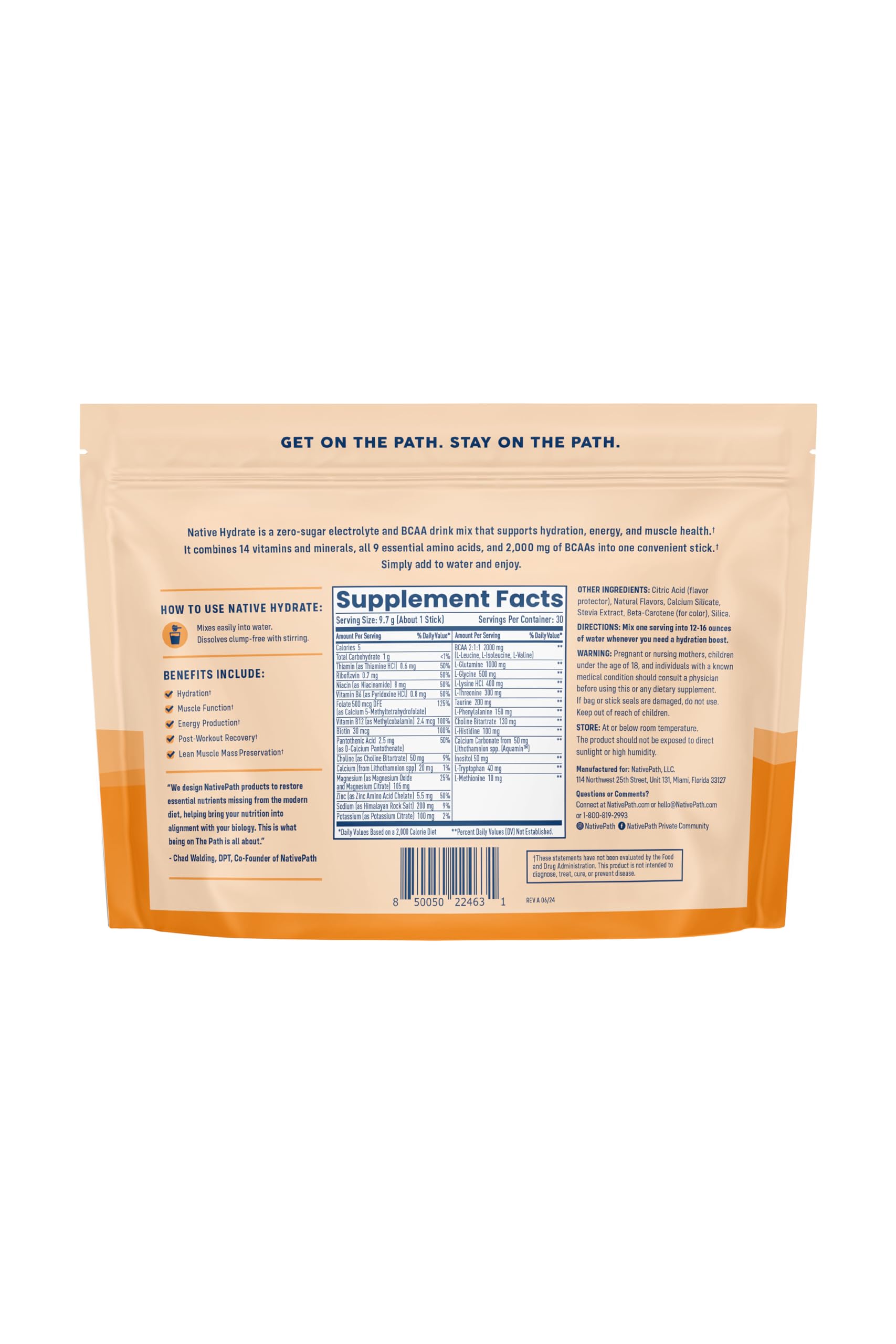 NativePath Hydrate stick pack ingredients label highlighting electrolytes and BCAAs