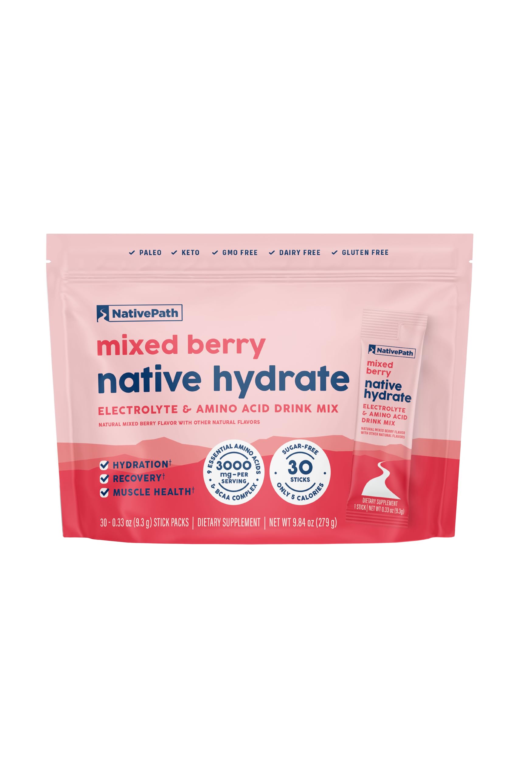 NativePath Hydrate Mixed Berry stick pack boosts on-the-go hydration with electrolytes and BCAAs.