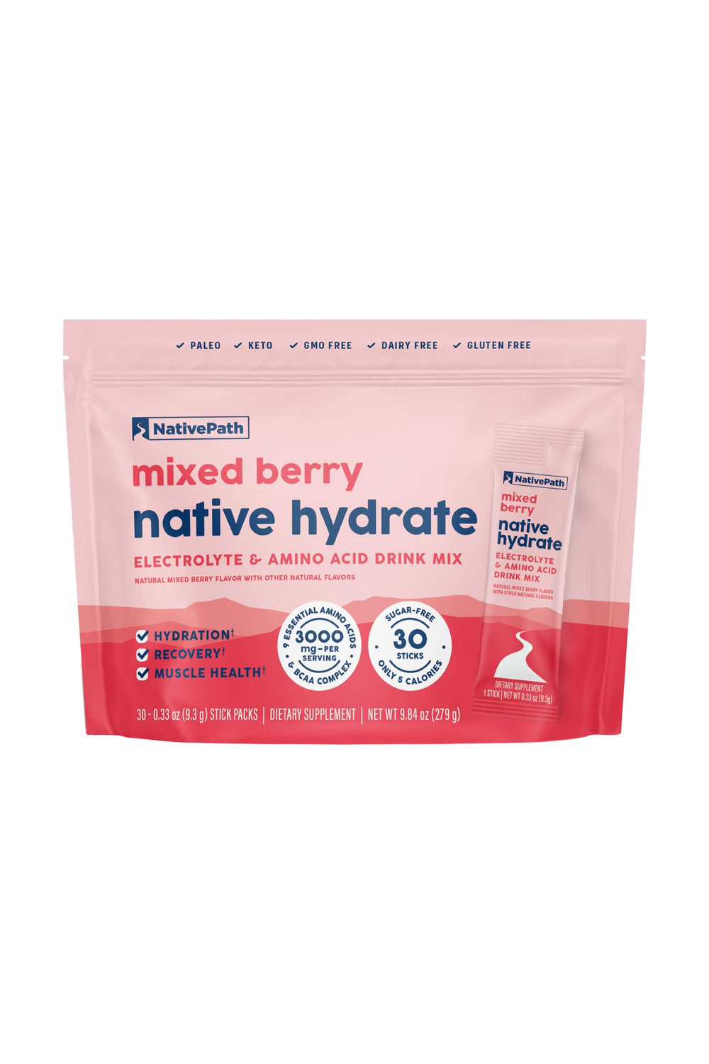 NativePath Hydrate Mixed Berry stick pack boosts on-the-go hydration with electrolytes and BCAAs.