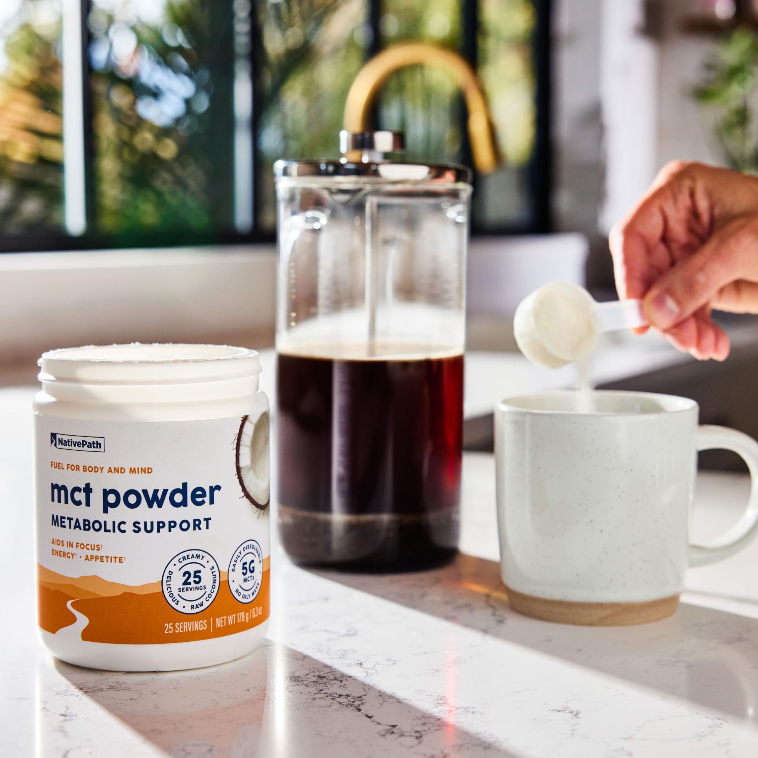 Keto-friendly MCT powder in a kitchen setup