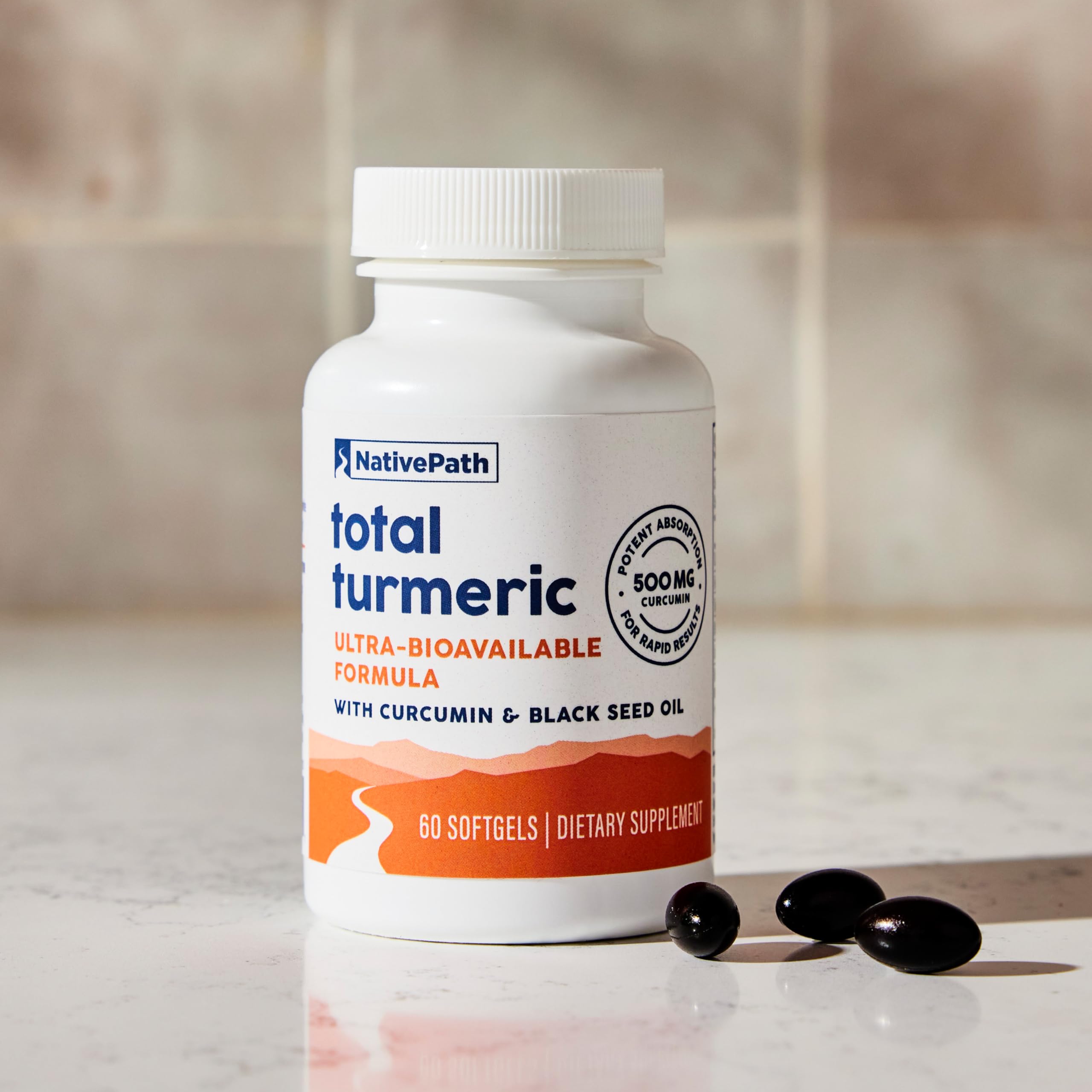 60 softgels bottle on neutral background