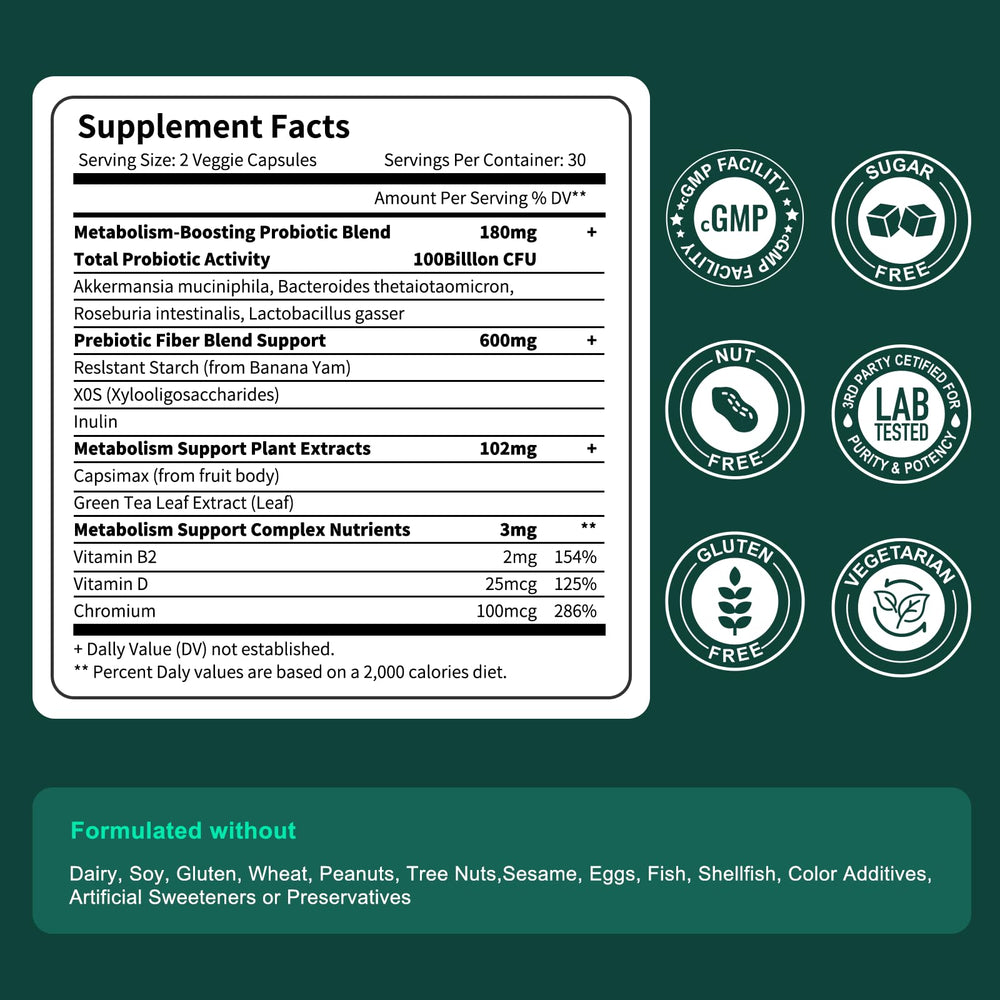 Akkermansia muciniphila probiotic bottle showing 100B CFU