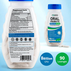Close-up of Natprime mint probiotic lozenges with 8B CFU label
