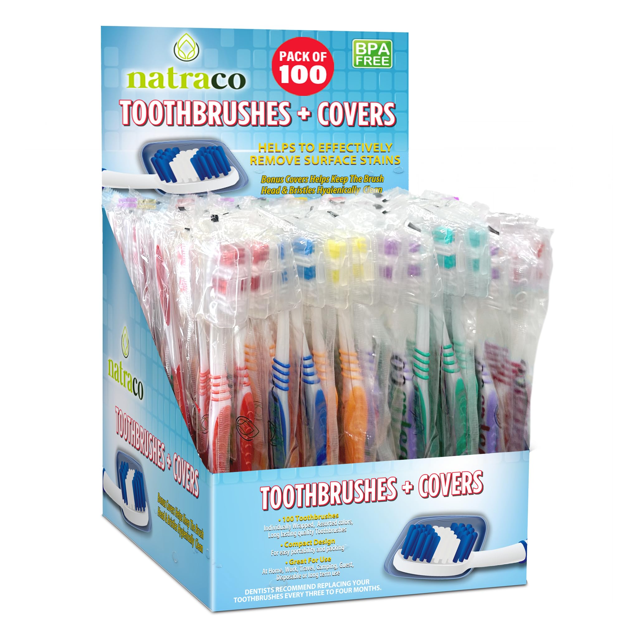Natraco bulk toothbrush pack with covers in multiple colors
