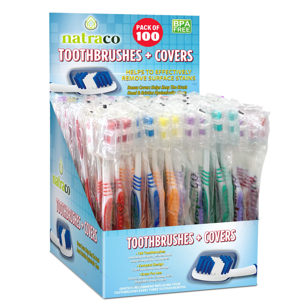 Natraco bulk toothbrush pack with covers in multiple colors