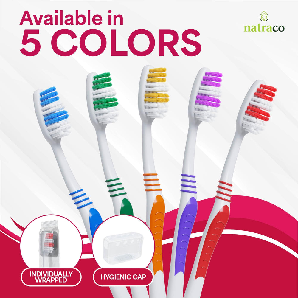 Individually wrapped colorful toothbrushes for hotel, travel or donation use
