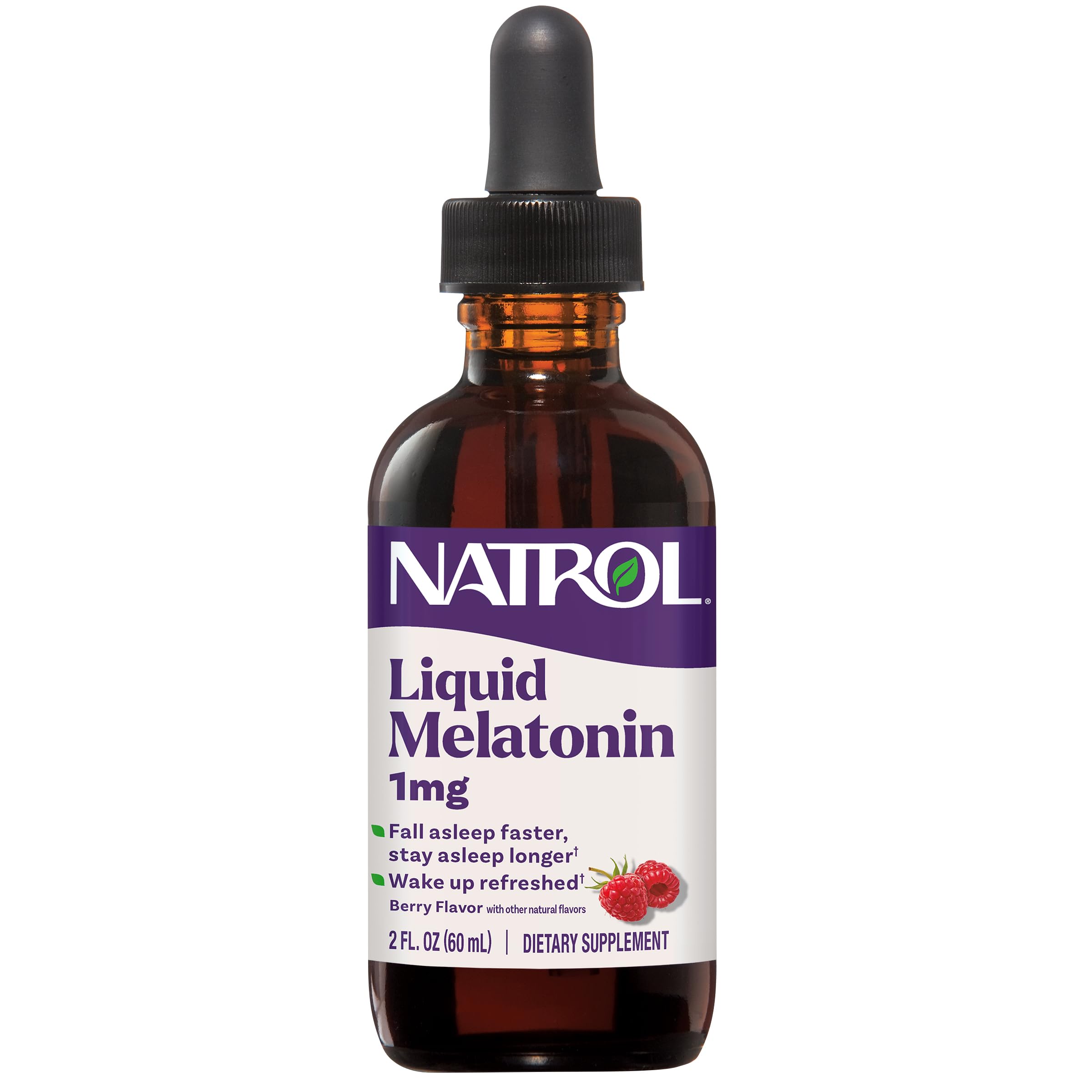 Front view of Natrol Liquid Melatonin 1 mg berry flavor 2 oz bottle