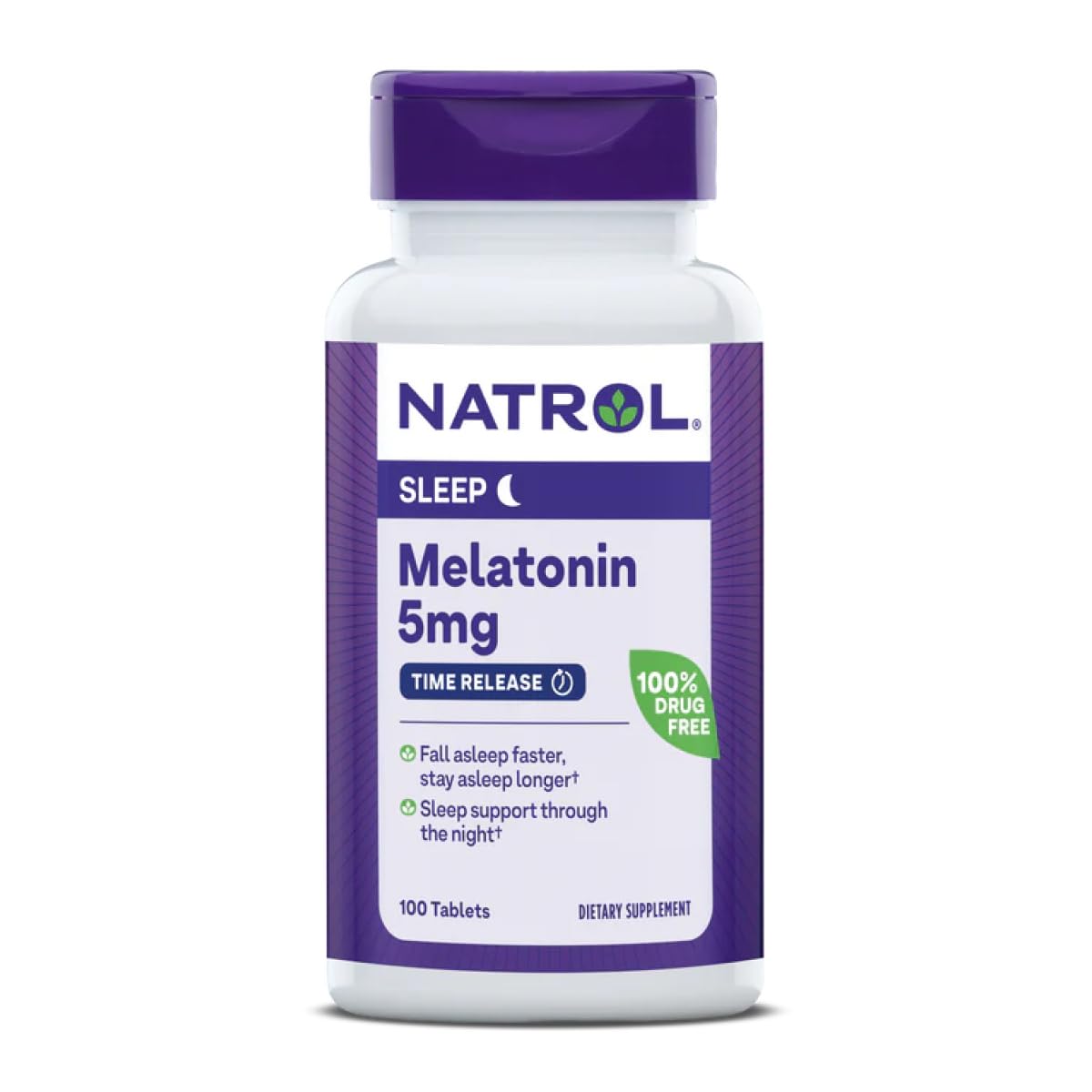 Natrol Melatonin Time Release bottle label shows 8-hour delivery for restful sleep.