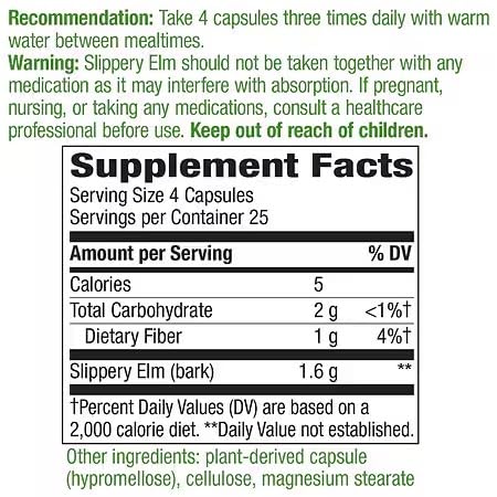 Close-up label of Slippery Elm Bark 400mg supplement showing ingredients
