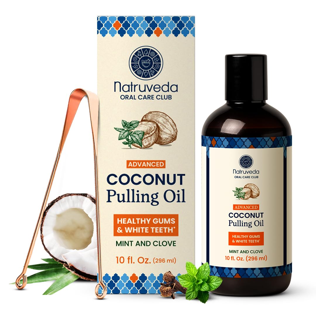 Close-up of Natruveda coconut oil pulling mouthwash bottle with mint