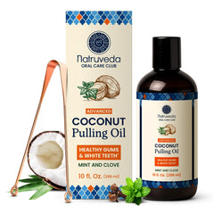 Close-up of Natruveda coconut oil pulling mouthwash bottle with mint